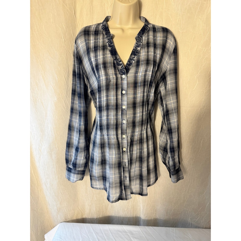 Style & Co Plaid Tunic Women Medium Blue Excellent Embroidered Split Neck Blouse